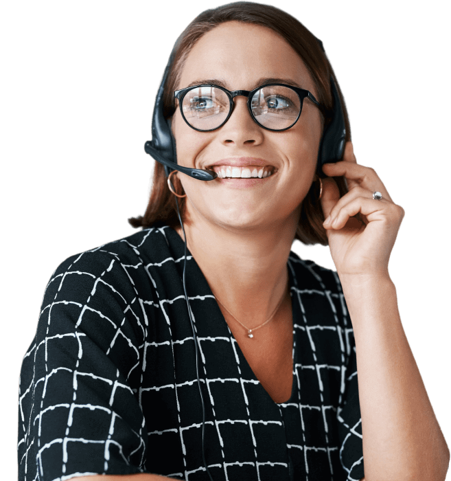 a smiling virtual receptionist wearing headphones